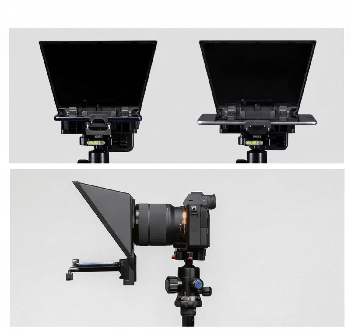 Feelworld TP2A Mini Teleprompter displaying an 8-inch screen, designed for phones and tablets, used as a camera accessory.