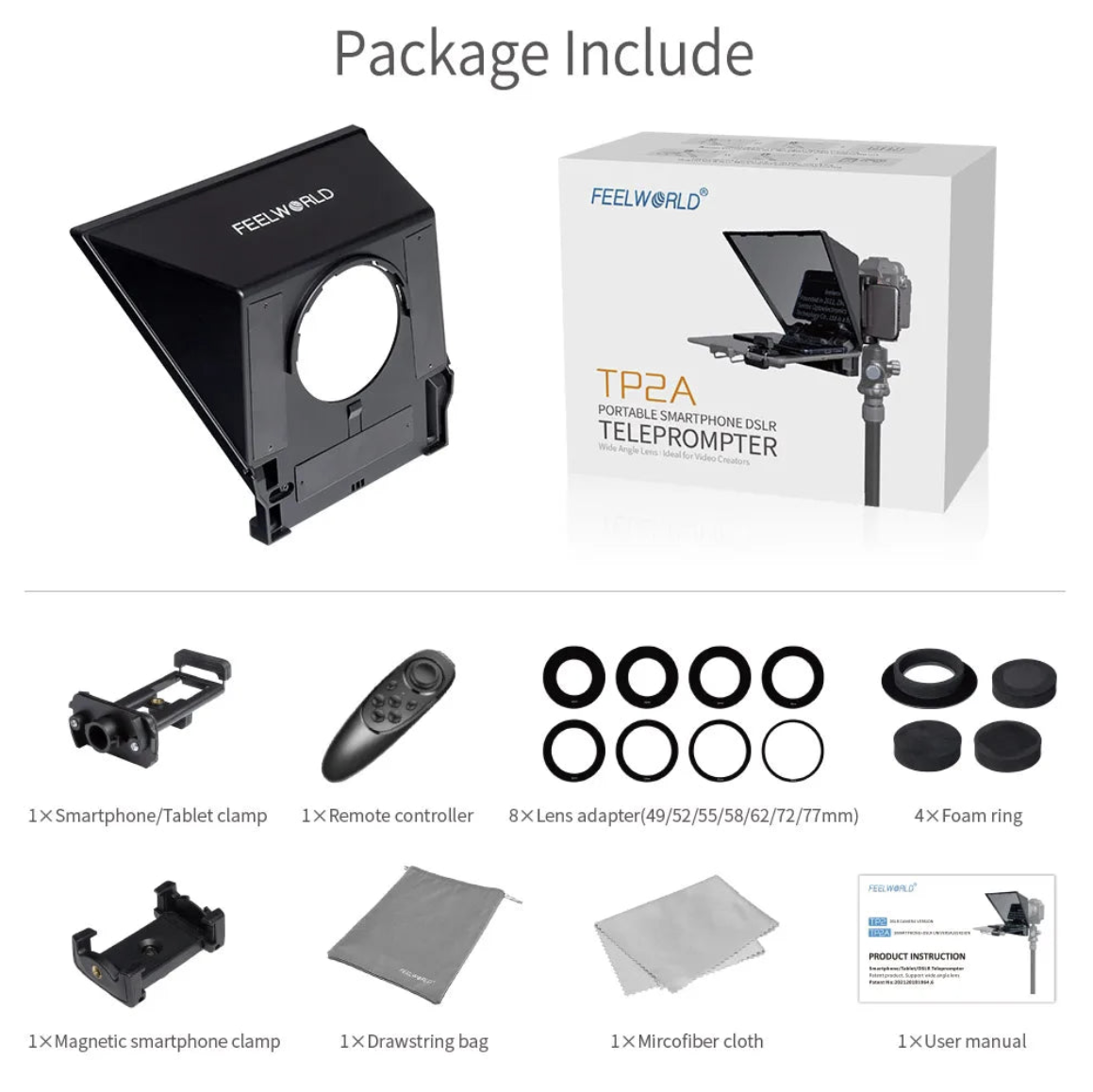 FEELWORLD TP2A mini teleprompter for phones and tablets, portable 8-inch camera accessory for easy speech delivery.