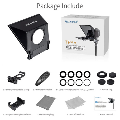 FEELWORLD TP2A mini teleprompter for phones and tablets, portable 8-inch camera accessory for easy speech delivery.
