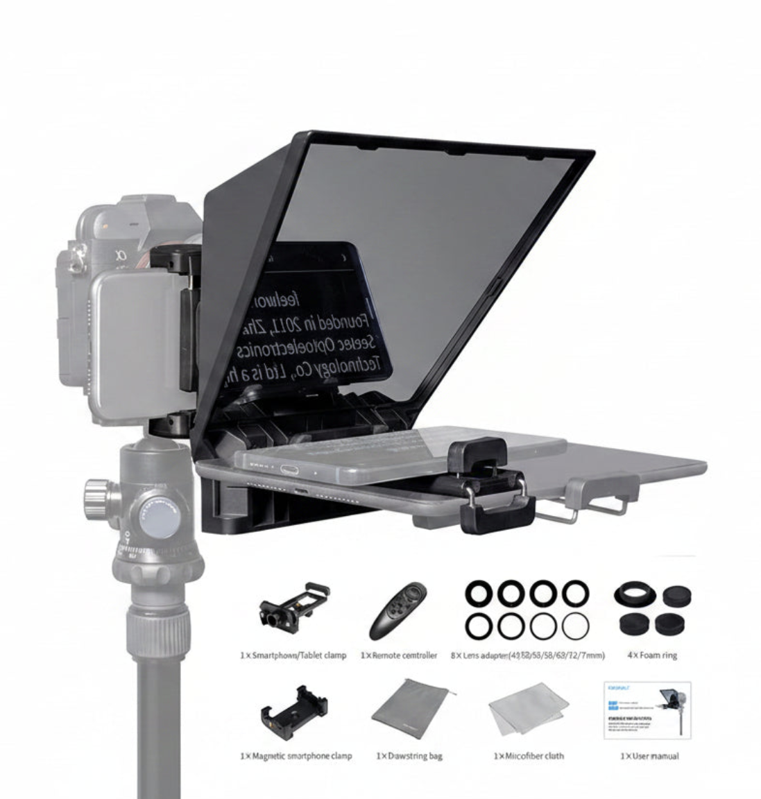 Feelworld TP2A mini teleprompter mounted on camera with 8-inch screen for phones and tablets, a portable camera accessory.