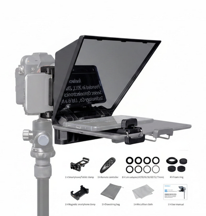 Feelworld TP2A mini teleprompter mounted on camera with 8-inch screen for phones and tablets, a portable camera accessory.