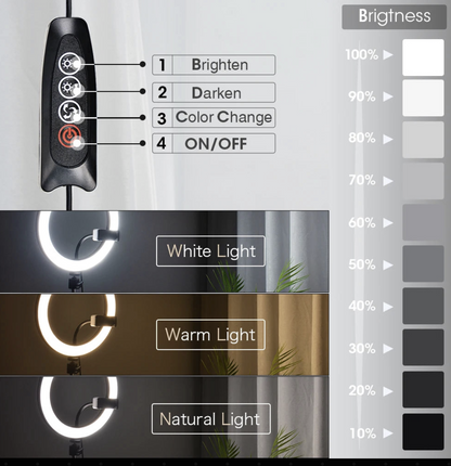LED ring light with tripod stand for photography and selfies, featuring adjustable brightness from Tech Viral To You Limited.