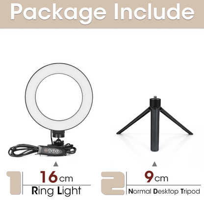 LED ring light with tripod stand for selfie and photography lighting, featuring adjustable brightness and portable design.