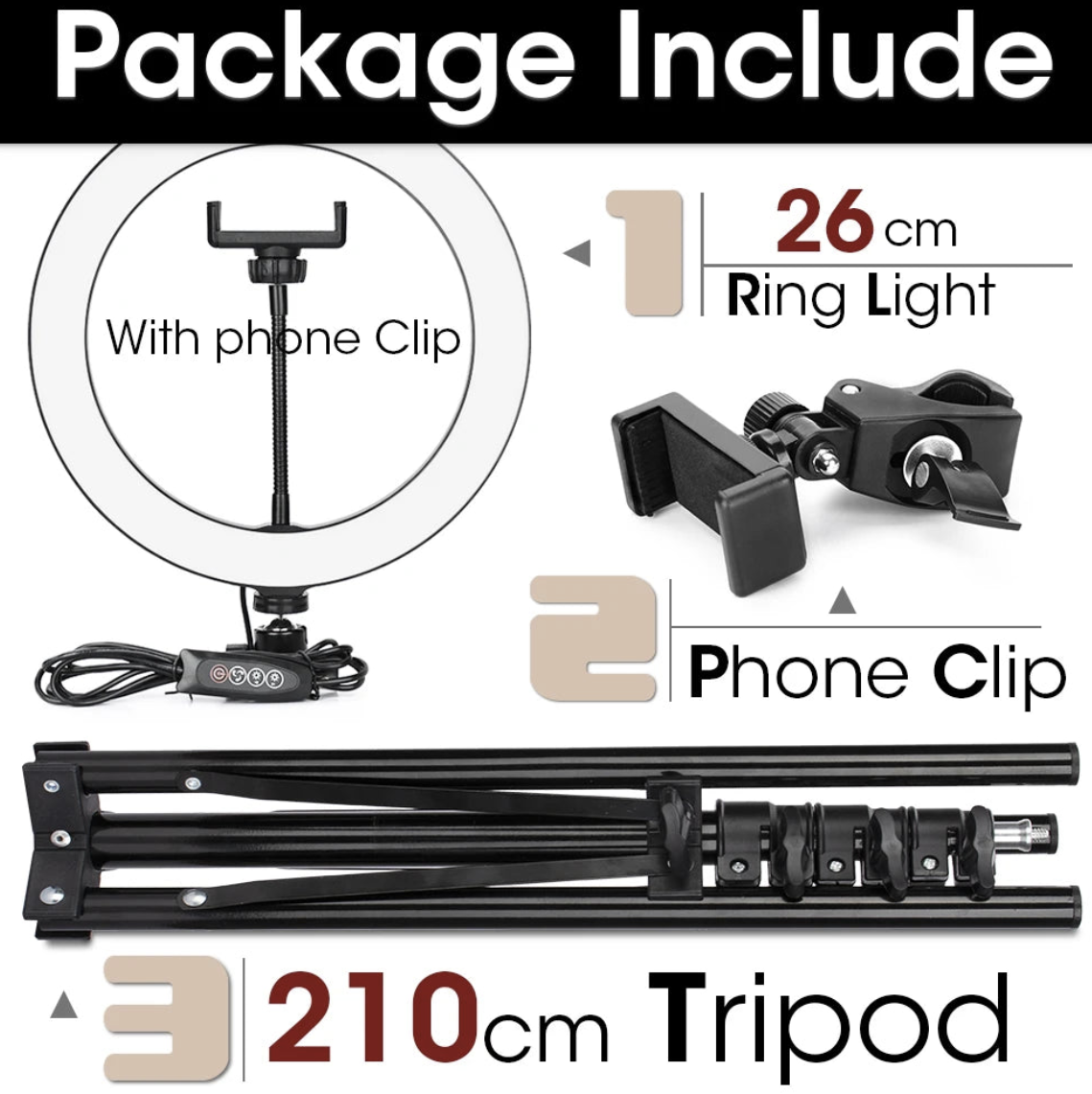 LED ring light with tripod stand for selfie and photography lighting, featuring adjustable brightness and a sleek design.