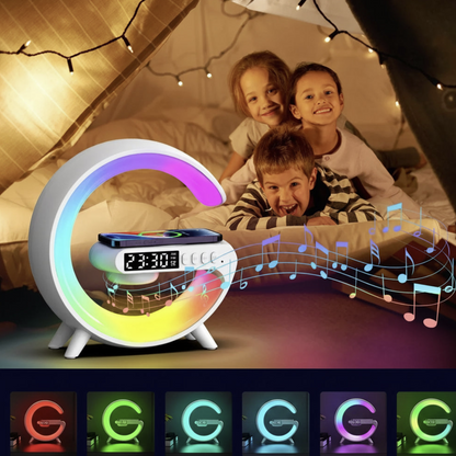 Wireless charger stand with RGB alarm clock and Bluetooth speaker, designed for convenient charging and multimedia use.