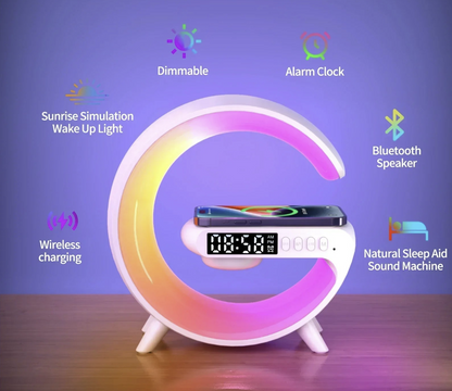Wireless charger stand with RGB alarm clock display and Bluetooth speaker functionality, designed for convenient device charging.