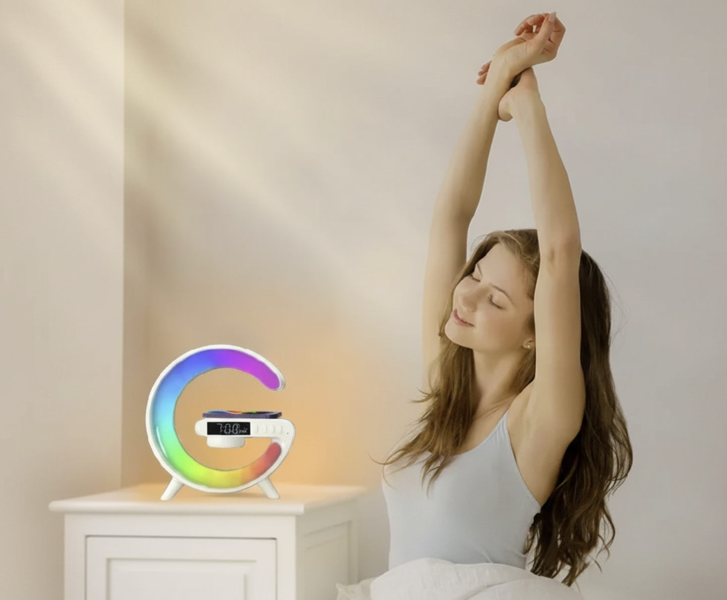Wireless charger stand with RGB alarm clock display and Bluetooth speaker, designed for convenient charging and audio playback.