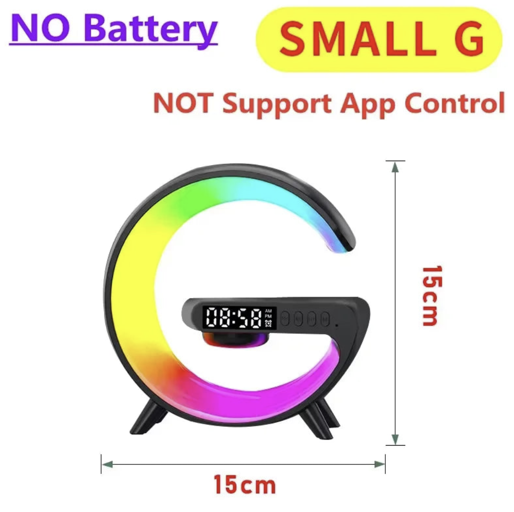 Wireless charger stand with RGB alarm clock and Bluetooth speaker, showcasing sleek design and multi-functional device.