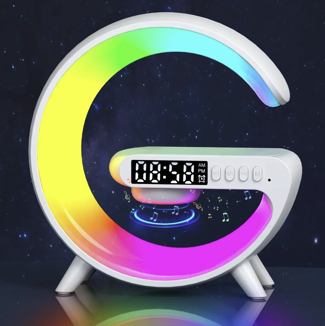 Wireless charger stand with RGB alarm clock and Bluetooth speaker, sleek design for convenient device charging and audio playback.