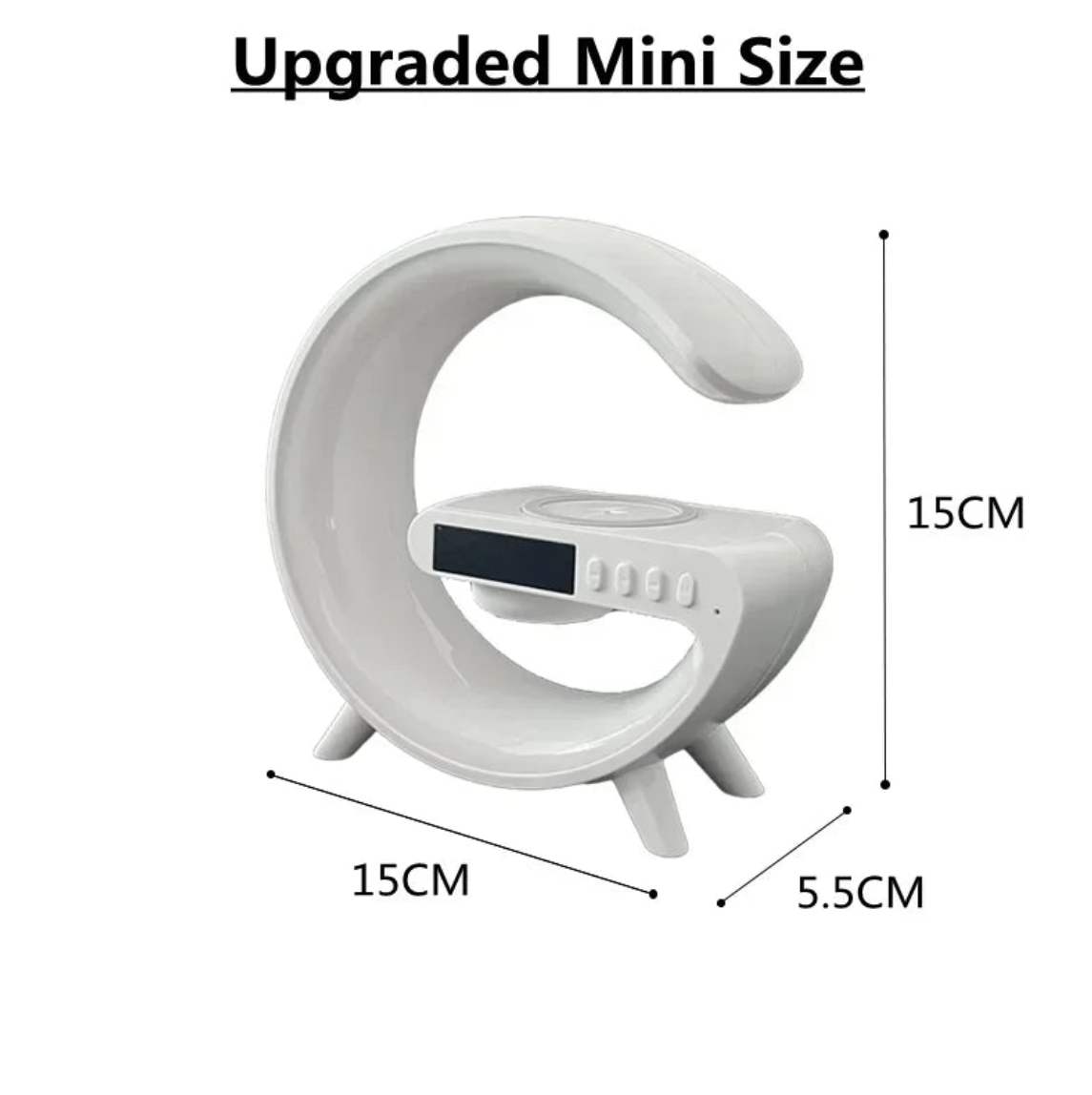 Wireless charger stand with RGB alarm clock and Bluetooth speaker, featuring sleek design and multiple charging options.