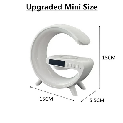 Wireless charger stand with RGB alarm clock and Bluetooth speaker, featuring sleek design and multiple charging options.