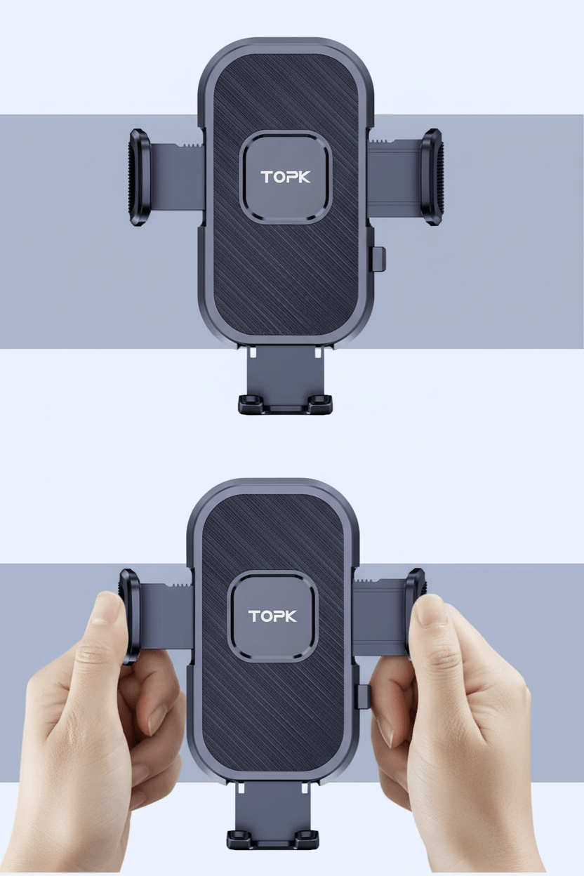 Universal car phone holder by TOPK with gravity mount, shown mounted on a dashboard and air vent for secure smartphone support.