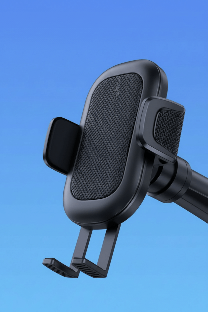 Universal car phone holder designed for secure phone mounting with gravity activation.