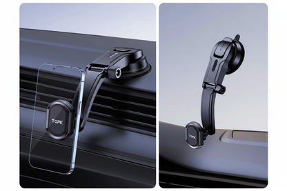 Universal car phone holder by TOPK, gravity mount for dashboard, windshield, and air vent with secure grip and adjustable viewing angles.