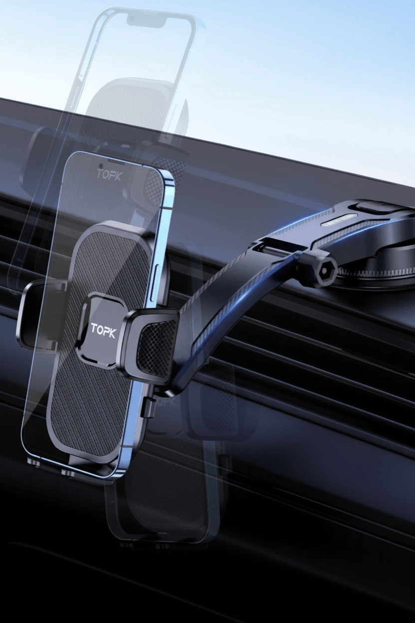Universal car phone holder with gravity mount design securely holding a smartphone on a dashboard.