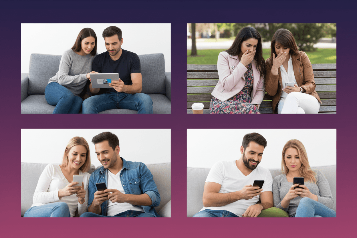 Collage of people using smartphones with text &