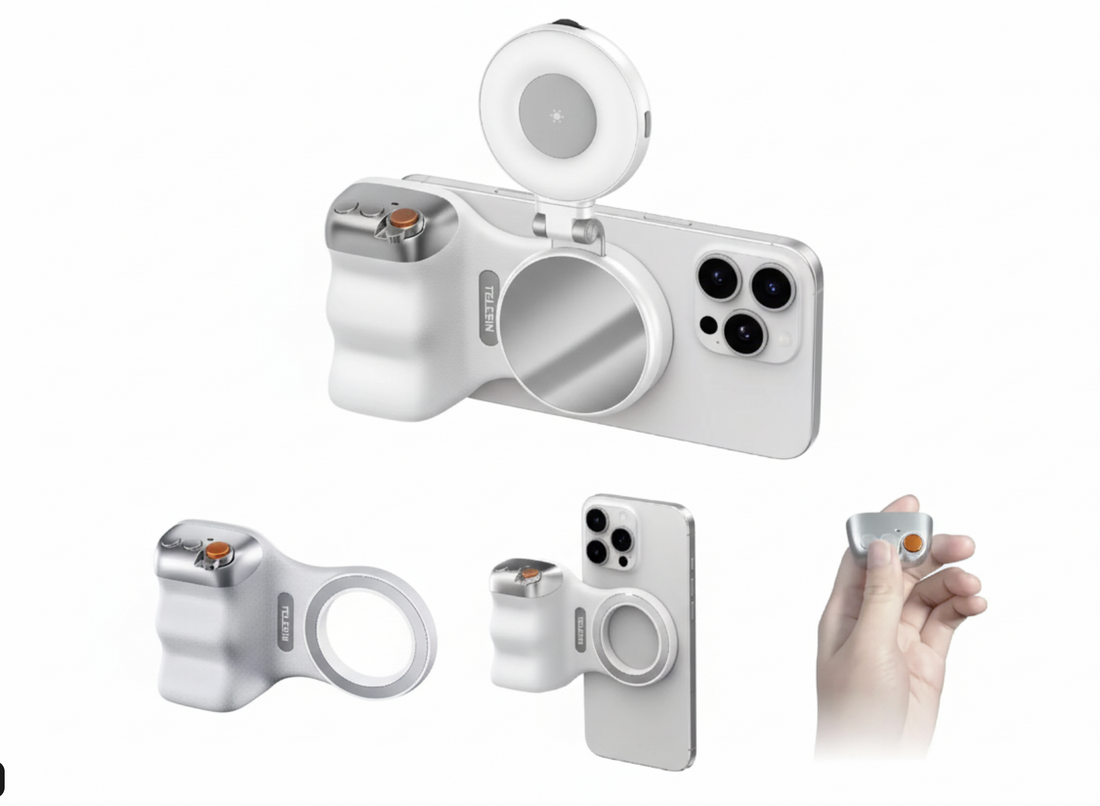 Tech Viral To You Limited TELESIN magnetic camera grip and MagSafe phone stand attached to a smartphone with a sleek design.