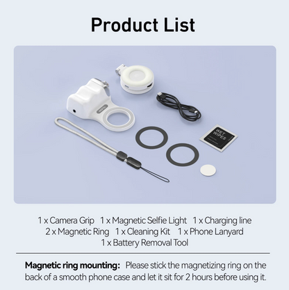 Magnetic camera grip and MagSafe phone stand by Tech Viral To You Limited, showing the sleek electronic device with magnetic attachment features.