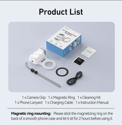 Tech Viral To You Limited TELESIN Magnetic Camera Grip and MagSafe Phone Stand holding a smartphone for photography and stability.