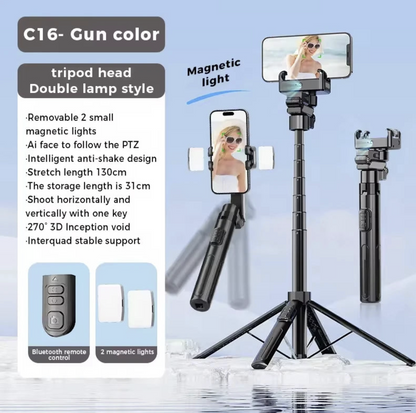 AI face tracking selfie stick with 360° gimbal and self-portrait capabilities, designed for hands-free filming and photos.