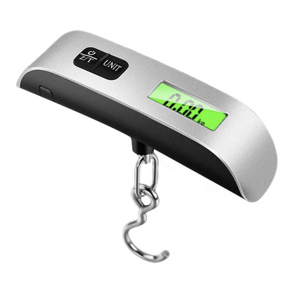 Digital luggage scale with a green display on a white background