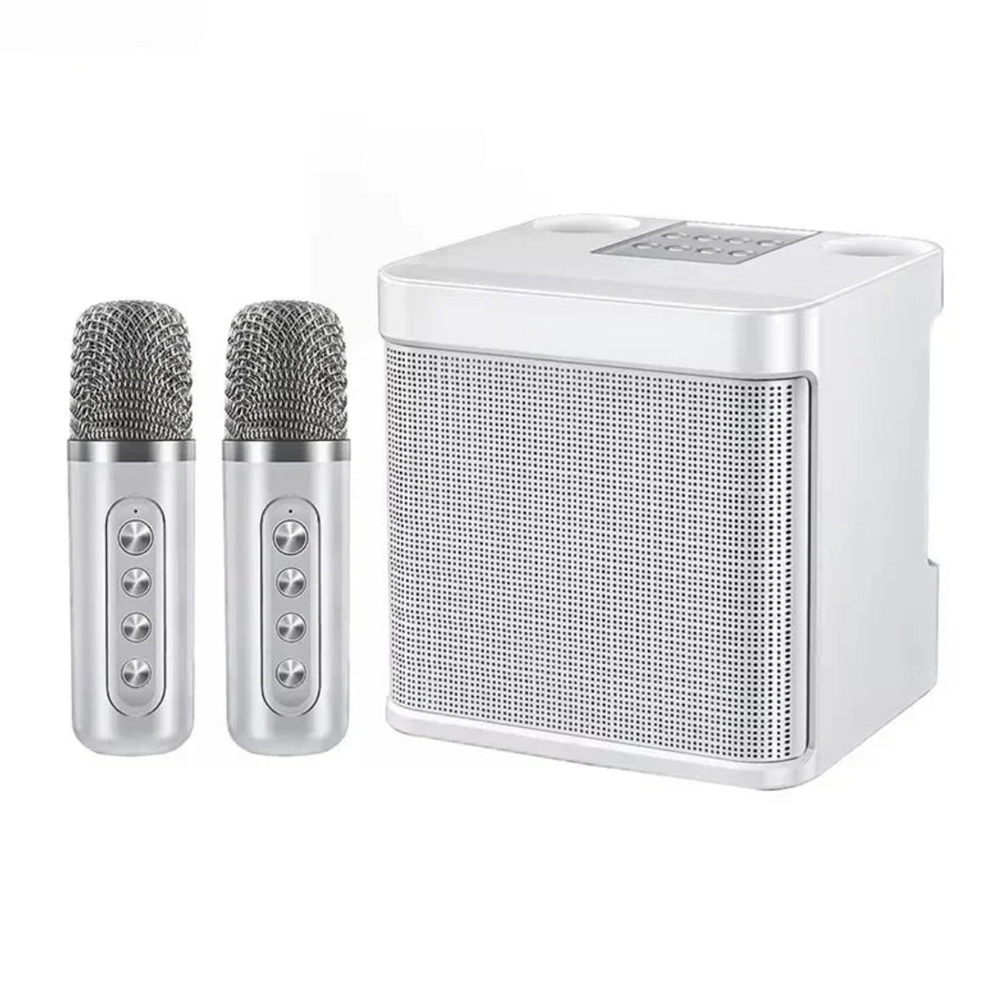 Portable karaoke machine with two wireless microphones and voice effects, ideal for singing and entertainment.