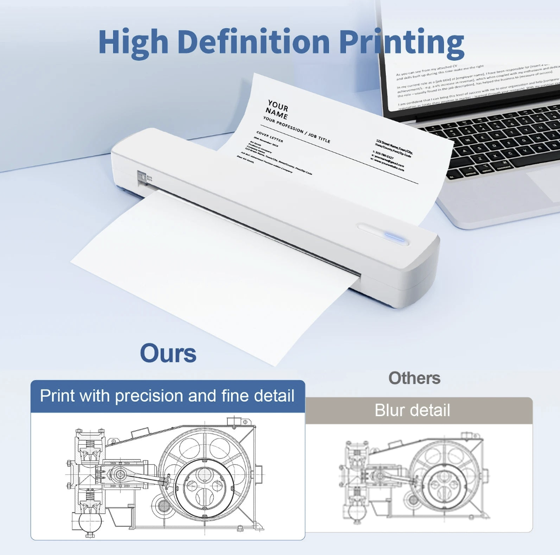 Portable A4 thermal printer by Big Save Store with wireless Bluetooth connectivity and 300 DPI resolution, shown in a screenshot.