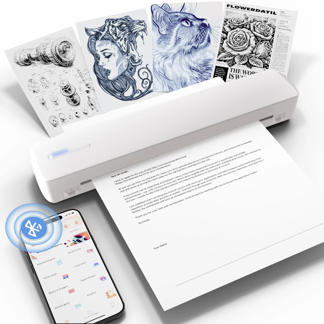 Wireless A4 thermal printer by Big Save Store, compact portable printer with 300 DPI resolution and Bluetooth connectivity.