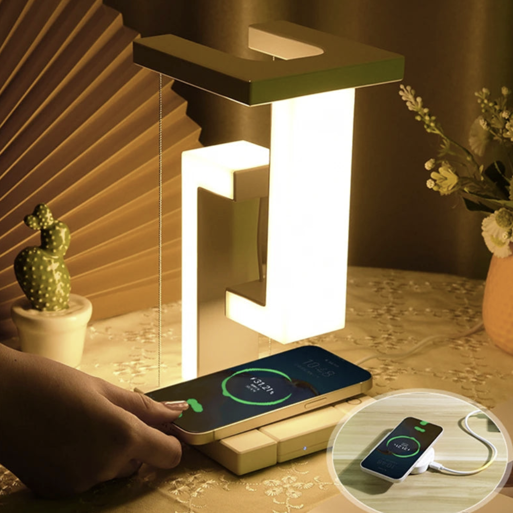 Levitating desk lamp with 10W wireless charger by OT Lifestyle Store, showcasing a modern floating light with wireless charging feature.