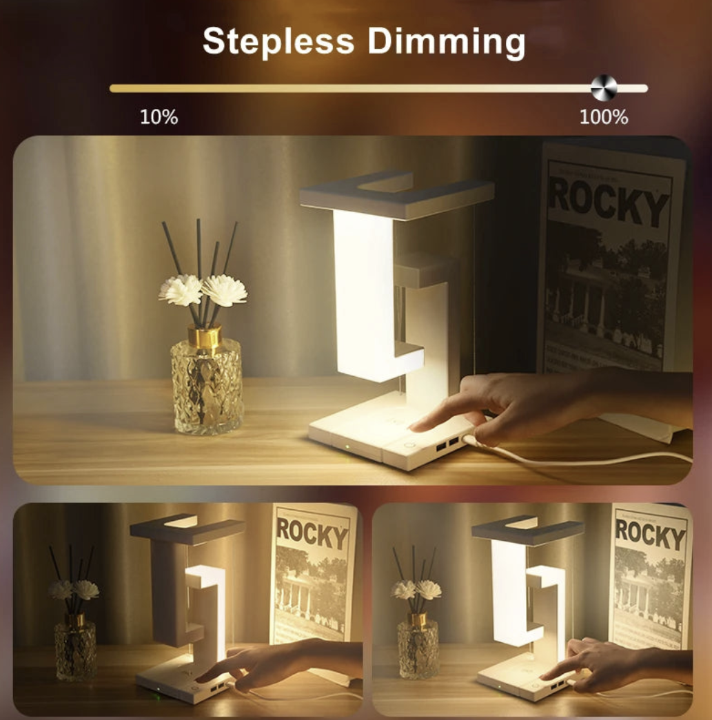Levitating desk lamp with 10W wireless charger from OT Lifestyle Store, featuring a modern floating light design.
