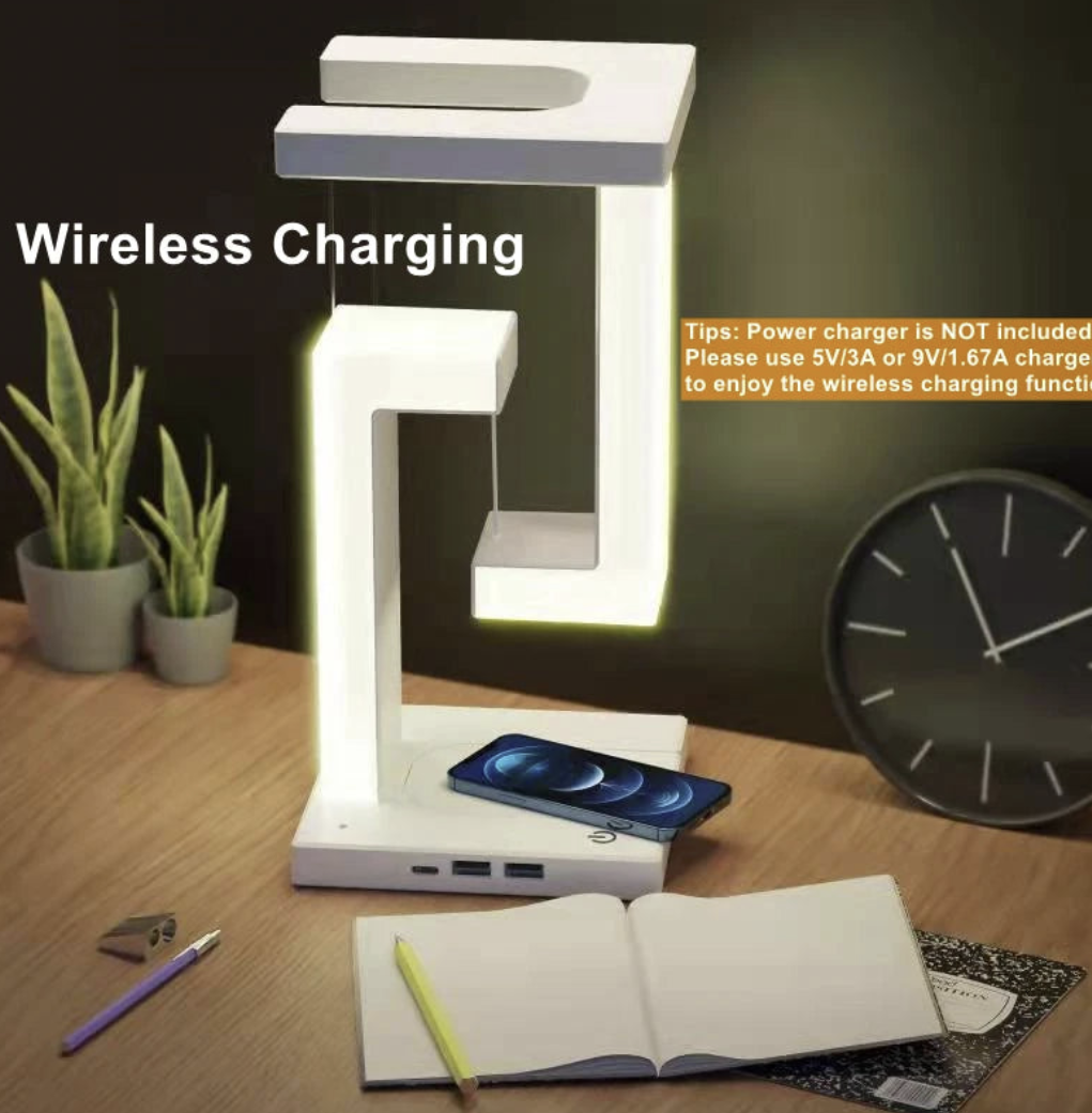 Levitating desk lamp with 10W wireless charger by OT Lifestyle Store, floating in mid-air with modern lighting design.