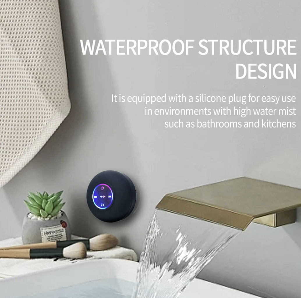 Waterproof Bluetooth speaker with LED suction cup, IPX4 outdoor design, compact portable speaker by Fomscvka.