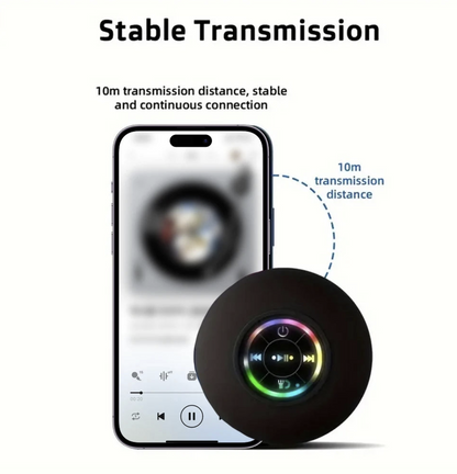 Waterproof Fomscvka Bluetooth speaker with LED lights, suction cup, IPX4 water resistance, designed for outdoor use.