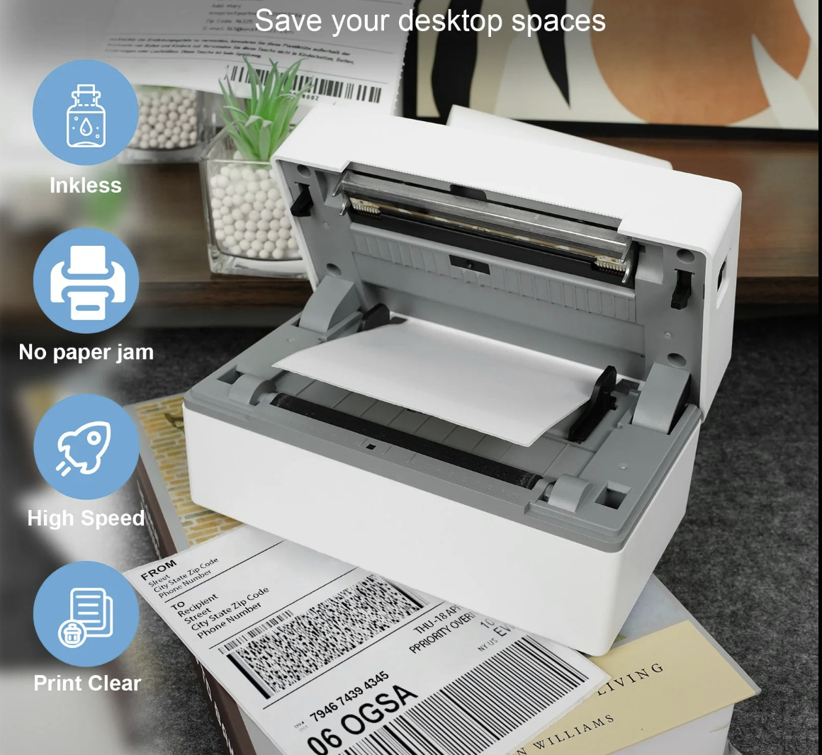 Bluetooth thermal label printer 4x6 by Tech Viral To You Limited, showing the device with USB and no-ink printing capabilities.