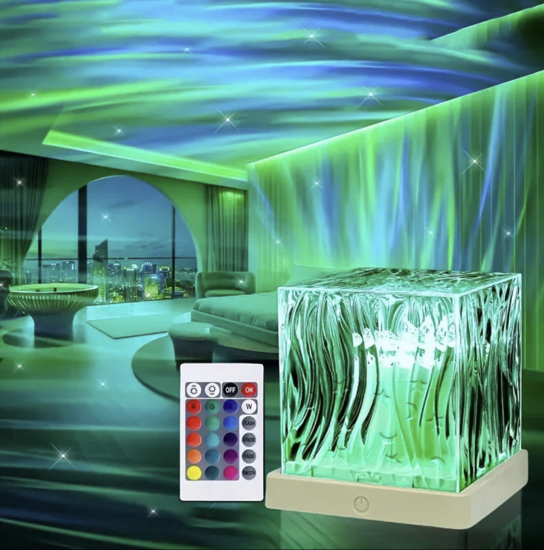 Ocean Wave Projector with 16-color LED lights creating a calming aurora night light scene.