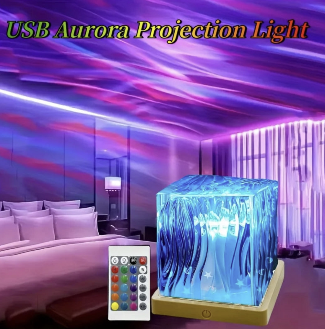 Ocean Wave Projector with 16-color LED lights creating soothing aurora night light scene, perfect for relaxing lighting.
