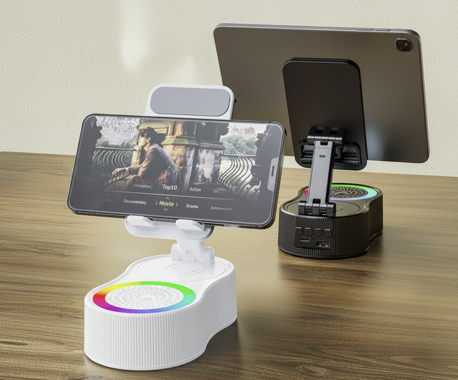 Yisen 3C Digital Store 5-in-1 phone stand with Bluetooth speaker, LED light, and adjustable design for hands-free use.