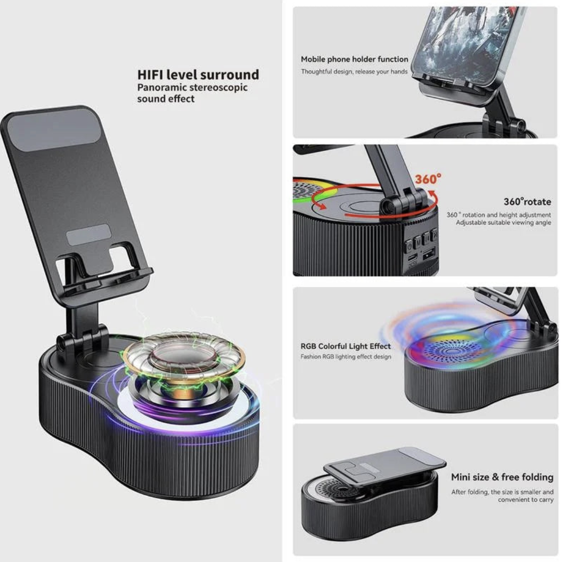 Yisen 3C Digital Store 5-in-1 phone stand with Bluetooth speaker, LED light, adjustable holder, and remote control.