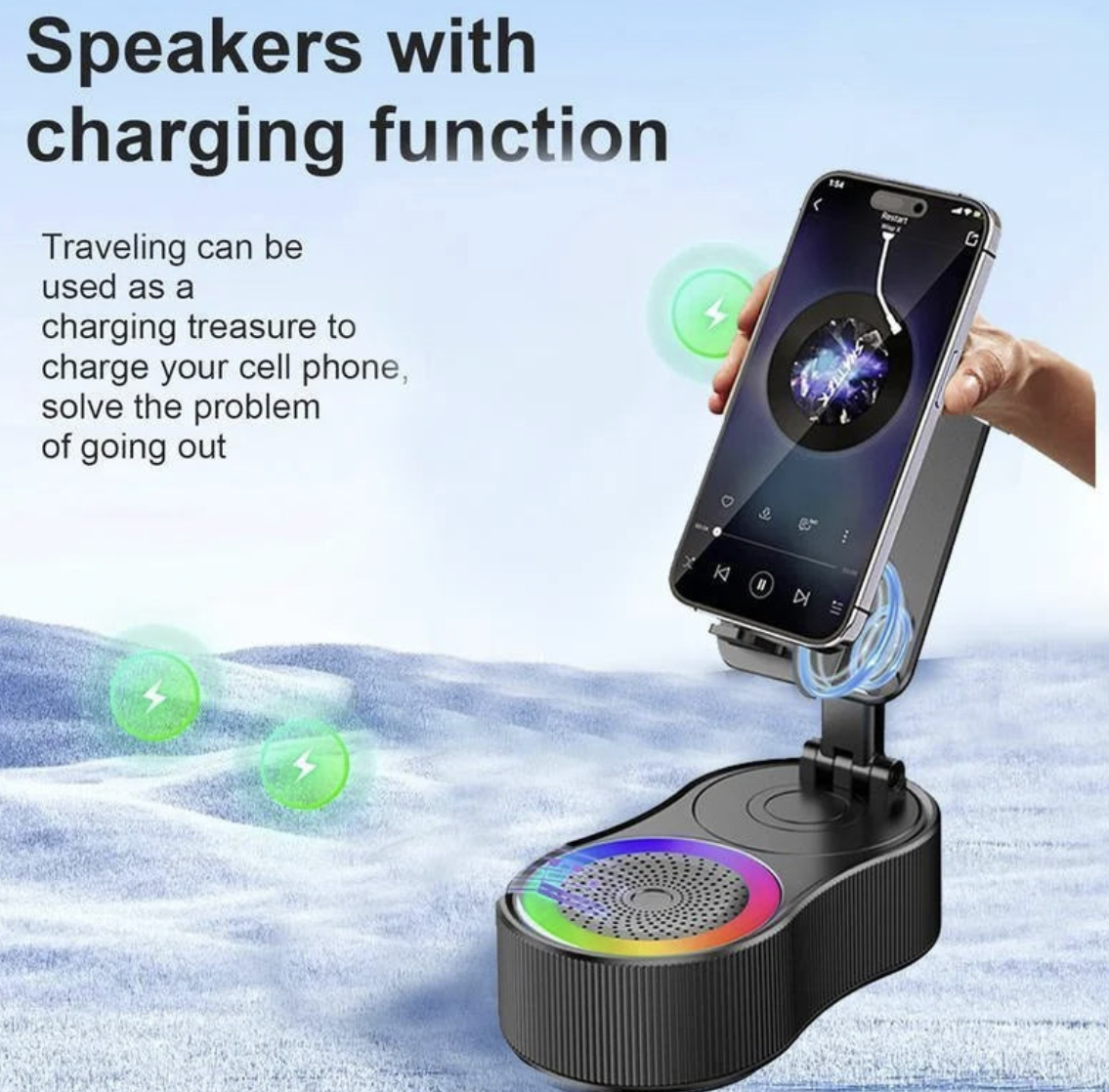 Yisen 3C Digital Store 5-in-1 Bluetooth speaker with phone stand, LED light, and compact design, shown in the image.