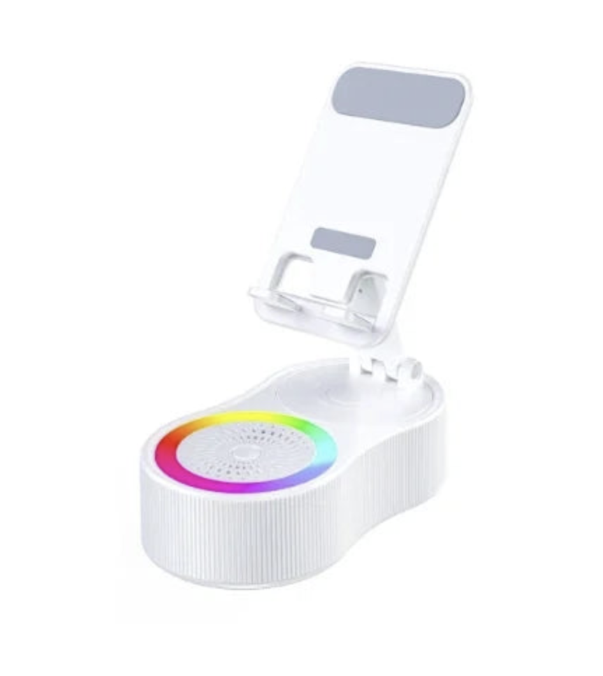 Yisen 3C Digital Store 5-in-1 phone stand with Bluetooth speaker, LED light, and adjustable holder for smartphones.