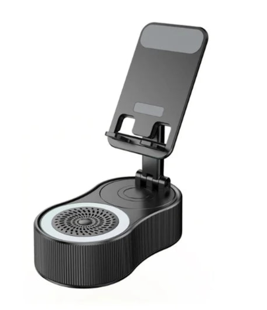 Yisen 3C Digital Store 5-in-1 phone stand with Bluetooth speaker, LED light, and adjustable support for smartphones.