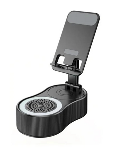 Yisen 3C Digital Store 5-in-1 phone stand with Bluetooth speaker, LED light, and adjustable support for smartphones.