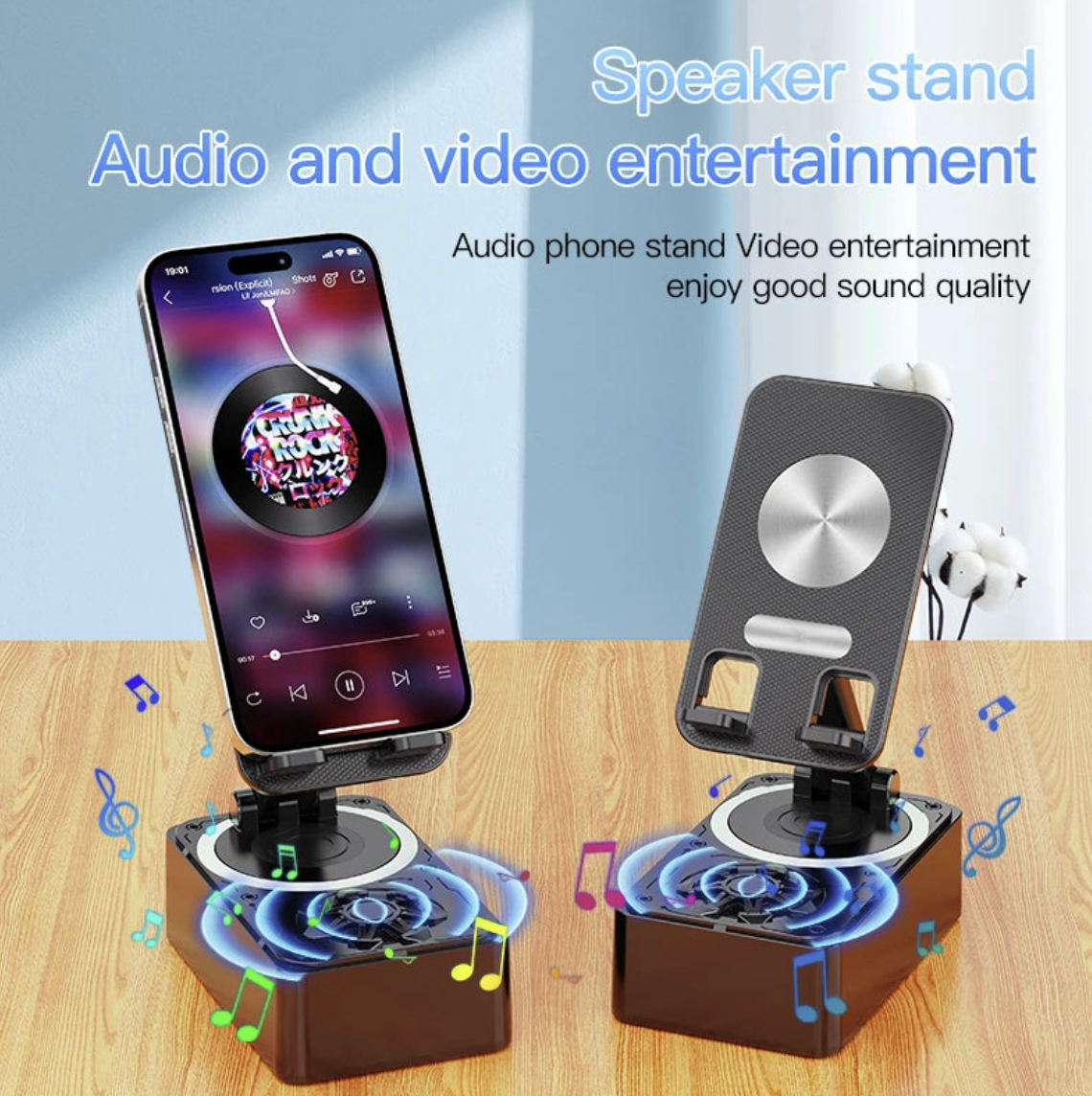 Vicky Xiao 3C Store 3-in-1 Bluetooth speaker with built-in phone stand and power bank, shown in a sleek, modern design.