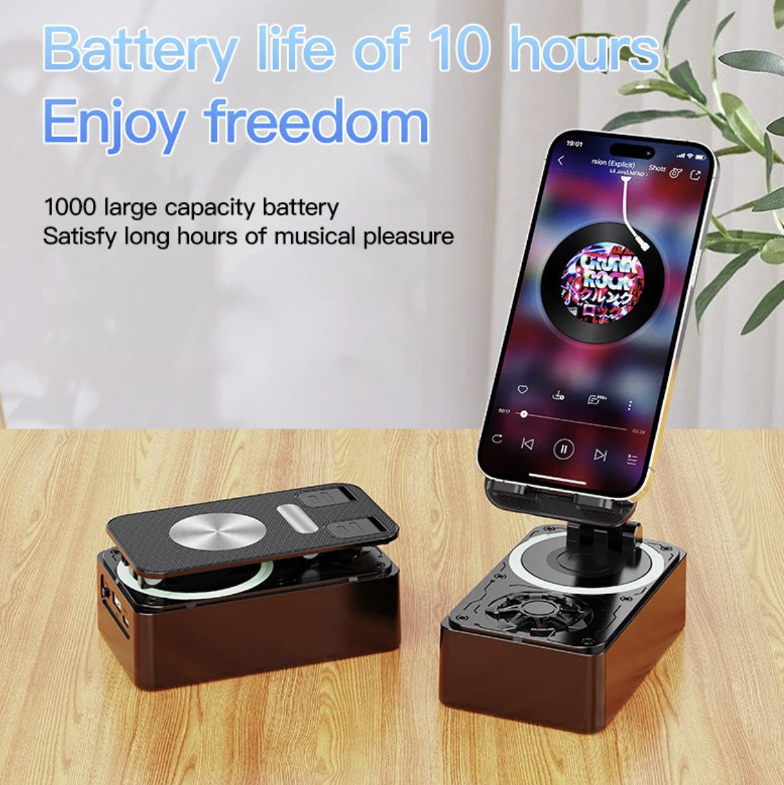 Vicky Xiao 3C Store 3-in-1 Bluetooth speaker with phone stand and power bank, showing compact design and connectivity features.
