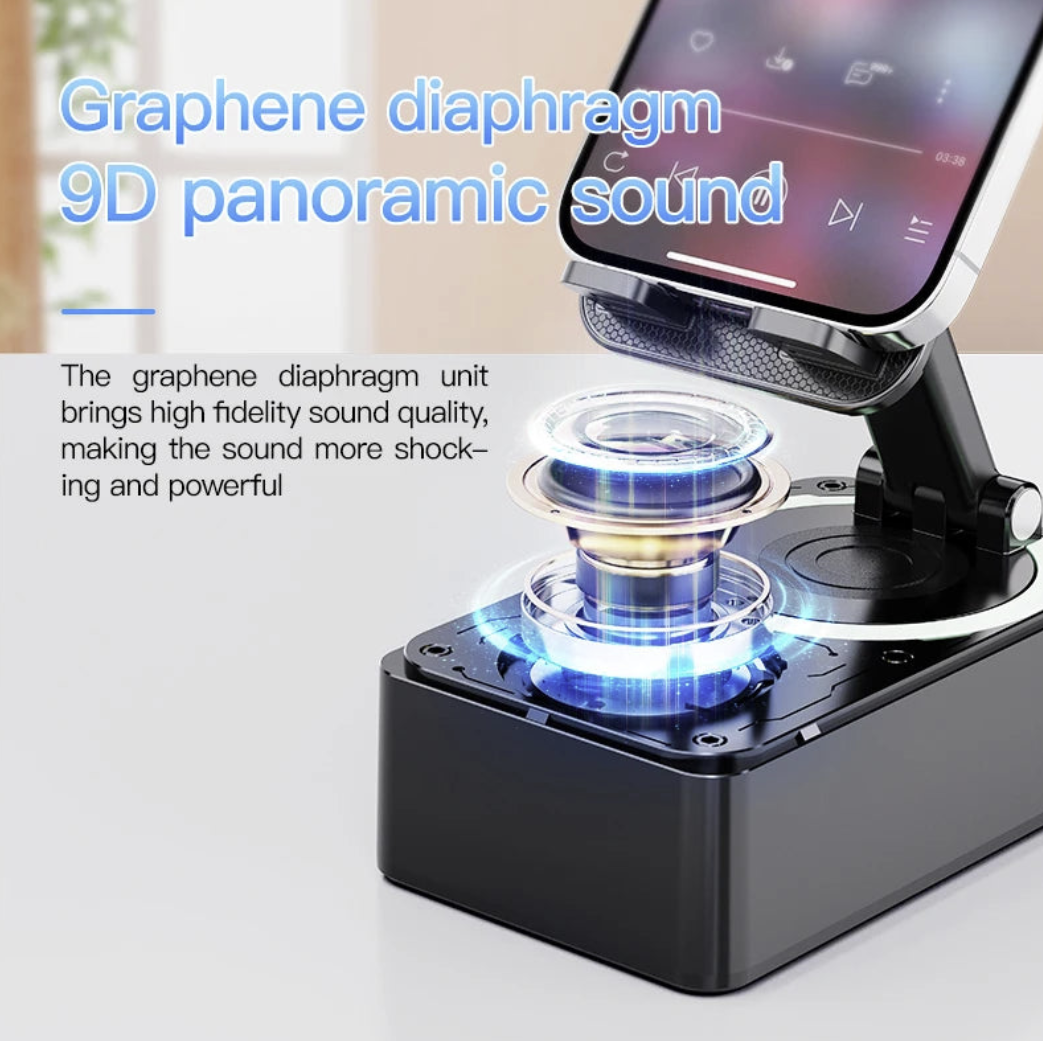 Vicky Xiao 3C Store 3-in-1 Bluetooth speaker with phone stand and power bank, showcasing compact design and connectivity features.