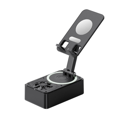 Vicky Xiao 3C Store 3-in-1 Bluetooth speaker with phone stand and power bank, featuring a sleek design and portable setup.