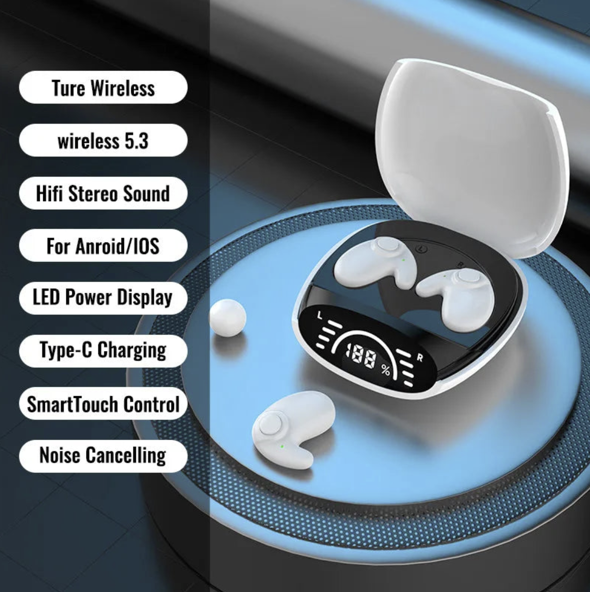 Vicky Xiao 3C Store Bluetooth 5.3 sleep earbuds with noise reduction, wireless TWS design, and invisible in-ear fit.