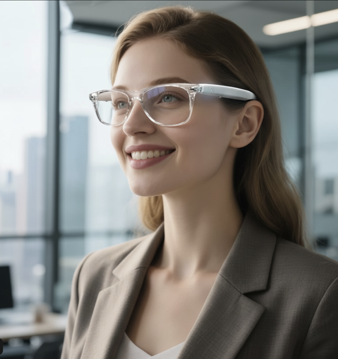 Lenovo AI Smart Glasses with Bluetooth, voice assistant, music, and translation features, designed for office and travel use.