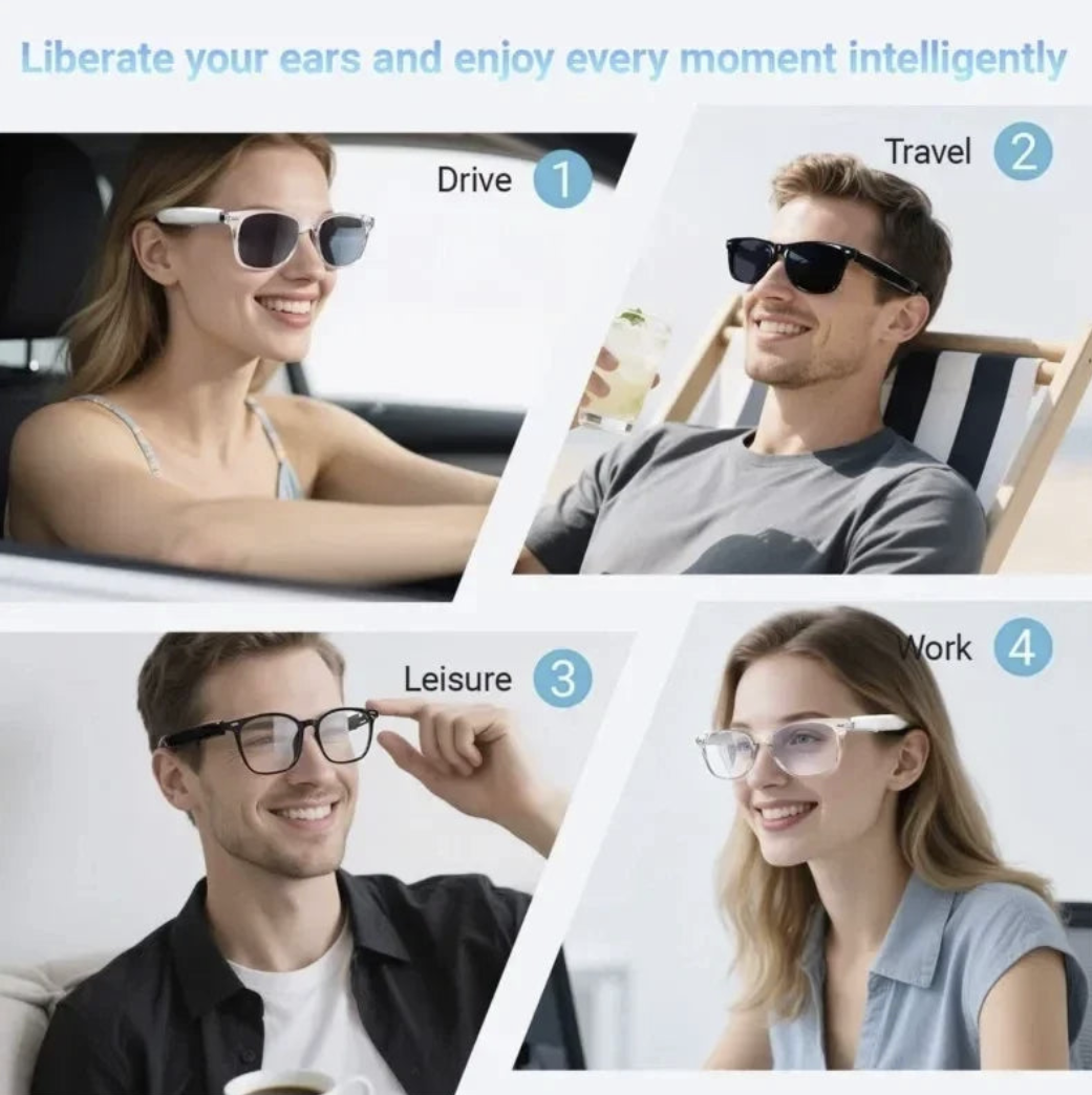 Lenovo AI Smart Glasses with Bluetooth, voice assistant, music, and translation features for office and travel use.