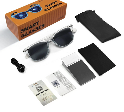 Lenovo AI smart glasses with Bluetooth, voice assistant, music playback, and translation features for office and travel use.